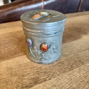 Antique Pewter Chinese Lidded Container with Stones Box Round Lid